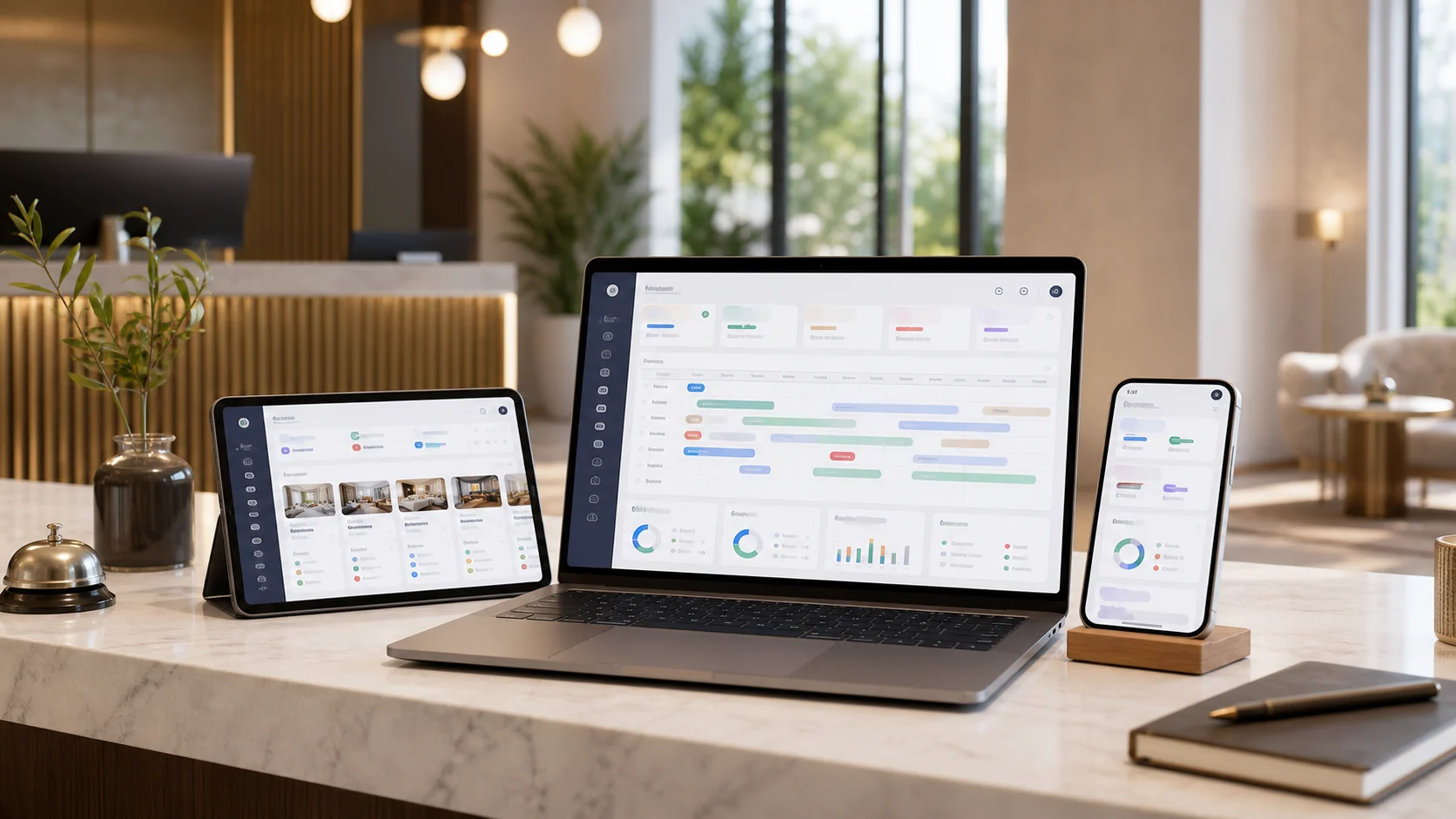 Dashboard PMS hotel su laptop, tablet e smartphone